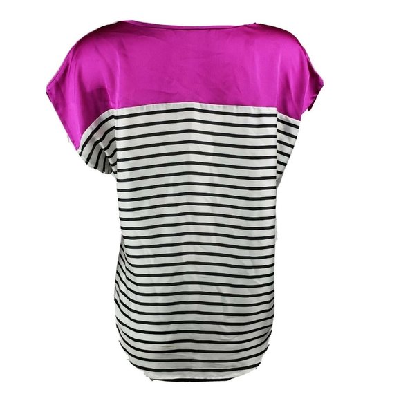 Boston Proper Top Womens Size 2 Pink Black & White Striped Short Sleeve - Picture 3 of 7